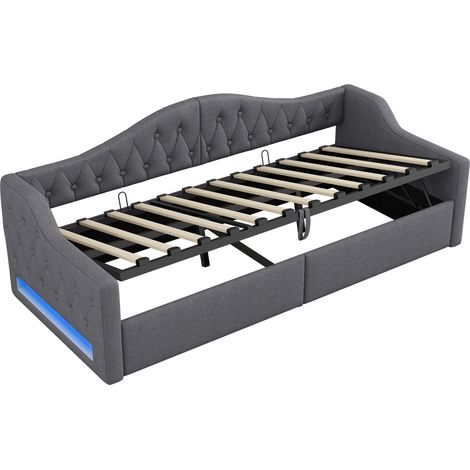CAIziLit de jour rembourré 90x200 avec bande LED et rangement en dessous, gris (1/5)