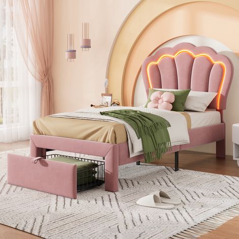 Cama infantil 90x190 cm con luces LED y cajones somier de láminas cabecero ajustable terciopelo rosa (Sin Colchón) (1/5)