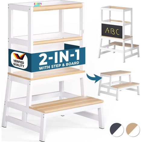 Spielwerk® 2-in-1 Step Stool Toddler Learning Tower Kitchen Helper with Blackboard Natur weiß (de) (1/8)