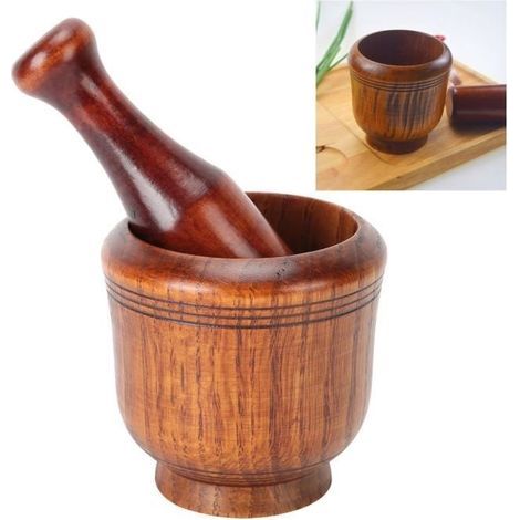 Set mortaio e pestello LAR, ciotola di macinazione in legno, macinino manuale per aglio, zenzero e spezie per la casa e la cucina, mortaio e pestello (1/4)