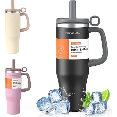 Mug Isotherme 1000ml - Acier Inoxydable - Avec Paille Et Poignée - Couvercle Étanche - Pour Voiture Et Bureau - Noir (1/5)