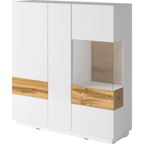 Aparador Livlore 106, Blanco + Blanco brillante + Roble wotan, 139x130cm, Número de puertas: 340cm, Aglomerado laminado, Vidrio (1/4)