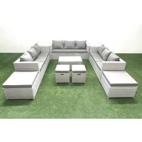 Fimous 10 Stücke Rattan Gartenmöbel Set Garten Sofa Couchtisch Set mit 2 Beistelltischen 4 Hockern Hellgrau gemischt (1/5)
