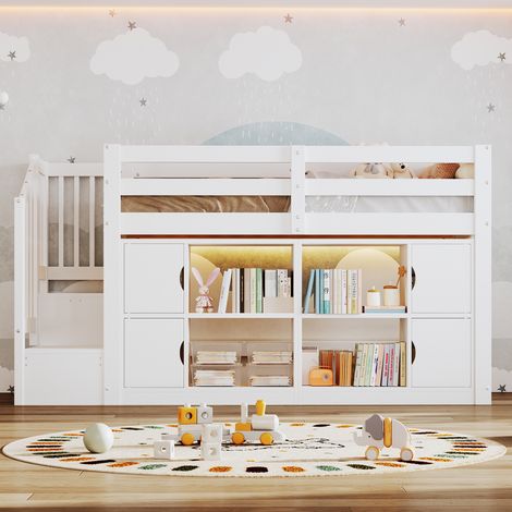 Letto a soppalco 90/200 cm bianco con armadi, scaffali, scala contenitore e LED (1/5)