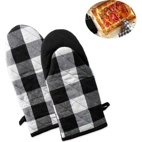 Lot de 2 gants de cuisine en coton, 29 x 15 x 5 cm, résistants à la chaleur, avec poignée antidérapante en silicone, réutilisables, noir et blanc (1/4)
