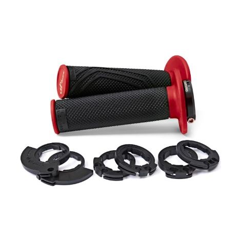 Puños Domino OFF road D-lock 2T / 4T (con adaptadores de acelerador - KTM, Husqvarna, Gasgas, Honda, Kawasaki, Suzuki, Yamaha y otros) negro/rojo