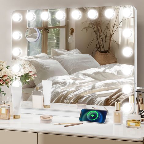 Puluomis LED Miroir de Maquillage 80x60cm Hollywood Miroir cosmétique à coins arrondis de 18 ampoules de 3 couleurs de lumière avec Interrupteur Tactile & Grossissant 10X - Blanc (1/5)