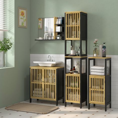 Rangement Meuble sous vasque 2 portes avec étagère réglable armoire de rangement pour lavabo 60 x 30 x 70 cm MDF et bambou(Mi)