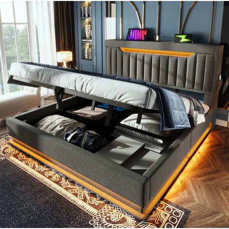 Letto matrimoniale 140x200 cm imbottito grigio in lino con LED, USB-C, testiera contenitore e spazio idraulico (1/5)