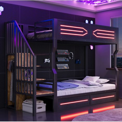 Lit mezzanine 90/200 cm noir en métal et panneaux de fibres avec escalier de rangement et éclairage LED (1/5)