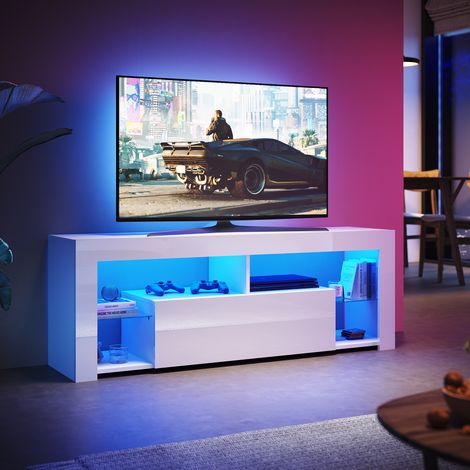 SONNI TV Schrank mit LED-Lichtern, Offenes Glasregal und Griffloses Design herunterklappbarem Türfach, Stand TV Board Hochglanz, Weiß, 1400 x 350 x 505 mm (1/5)