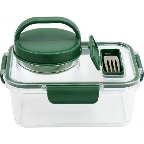 Portable, quirky, and creative new square salad jar, a multi-functional food storage box for the kitchen - green with forks -