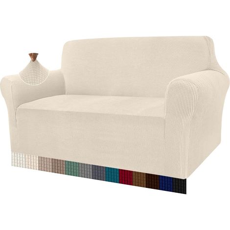 Housse beige moderne pour canapé 3 places, en jacquard, élastique. (1/5)