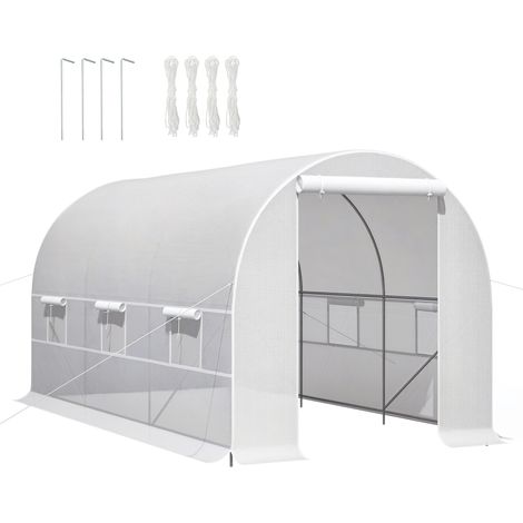 Serre de jardin tunnel 4x2x2 m, porte roulante, fenêtres, 4 renforts diagonaux, structure métal, bâche PE, pour potager légumes fleurs, blanche