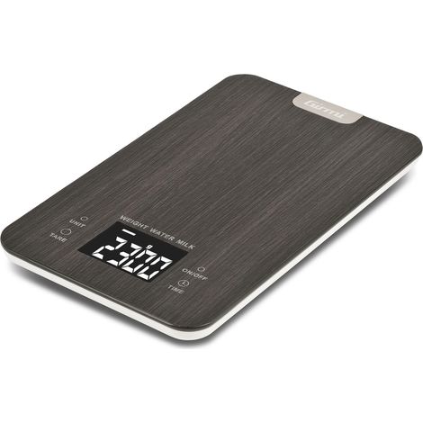 Balance de Cuisine, Effet Bois, Plateau en Verre, Affichage Numérique, 1 g - 10 Kg, Arrêt Automatique et Fonction Tare, Fonction Minuteur et Horloge, Grise (1/5)