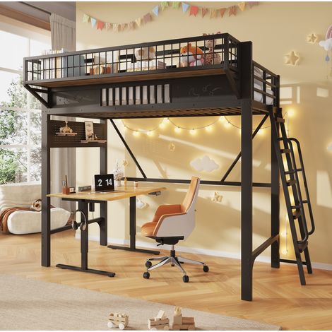 Cama alta, 235x119.5x188 cm, con estantes laterales, espacio inferior abierto, metal negro (1/5)