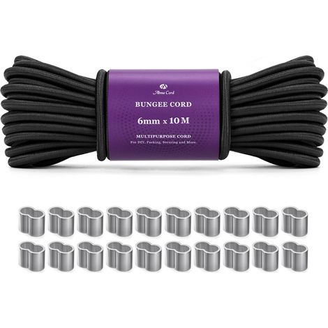 Corde Élastique 6mm 10M Tendeur Sandow Elastique avec 20Pcs Manchons Aluminium pour Bâche, Camping Tente, Remorque - Noir (1/5)