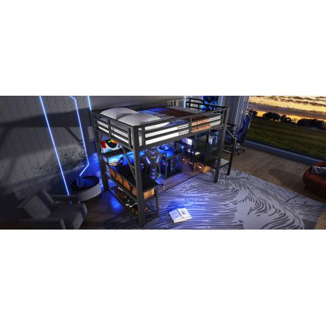 Hochbett, Eisenrahmen, Ablagefach, Treppenkonstruktionen mit Stauraum, Sicherheitsgeländer, mit LED-Lichtleiste, Schreibtisch, mit USB-Anschluss, ohne Matratze