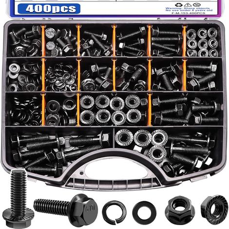 Kit d'assortiment de boulons de bride métrique 400PCS, boulon M6x1.0, boulon M8x1.25, boulon M10x1.5 (12mm à 45mm) 10.9 boulons hexagonaux de plaquage de zinc noir + 30 ensembles 1/4-20 x 3/4 "
