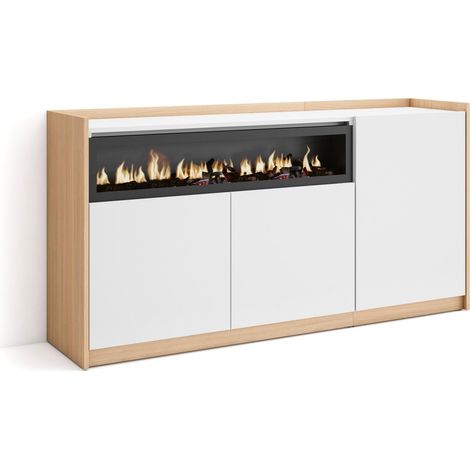 Skraut Home - Aparadores para salón, 156x37x80cm, 3 Puertas, Chimenea eléctrica, Blanco y roble soft (1/5)