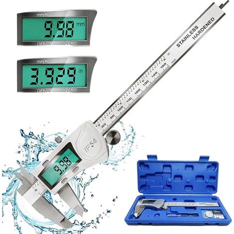 Digital Caliper, 150mm/6'' Stainless Steel Digital Caliper, Digital Vernier Micrometer Tool, IP54 Waterproof, Large LCD Display, mm/inch, 2 Batteries, Auto Power Off, Steel (1/5)