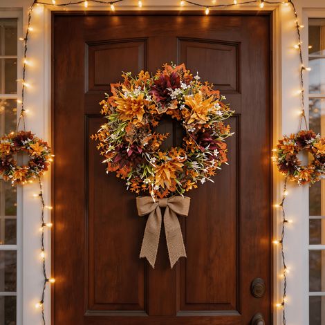 Couronne d'Automne avec Dahlia, Chrysanthème, Feuilles d'Érable et Eucalyptus, Décoration de Porte et Mur pour Thanksgiving et Halloween (1/5)