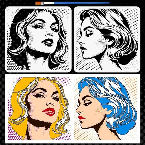 2Pcs Pochoirs Femme Avec Un Pinceau 30x30cm Pochoirs Pop Art Femme Modèles de Portrait Pet s 2 Styles Pochoir de Visage de Femmes pour Maison Meuble Mur Bois Artisanat DIY (1/5)