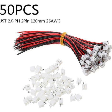 50 jeux de connecteurs Mini Micro JST 2.0 Ph 2 broches avec fils et câbles 120 mm 26 AWG (1/5)
