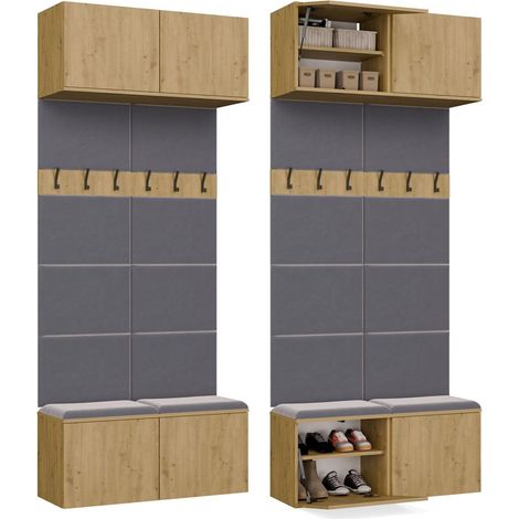Appendiabiti da ingresso, pannello appendiabiti doppio con due panche e scomparti, Rovere Artisan, 100 x 35 x 238 cm (1/5)