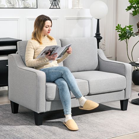 Pour salon et chambre - Canapé 2 places en tissu, accoudoirs, rembourrage épais, 2 coussins, cadre bois, gris clair