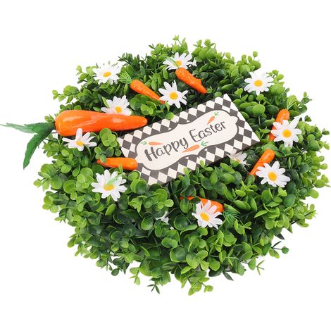 Fröhlichen Osterkranz mit naturgetreuen künstlichen Karotten, Gänseblümchen und grünen Blättern – Festliche Dekoration für Haustür und Wand (1/5)