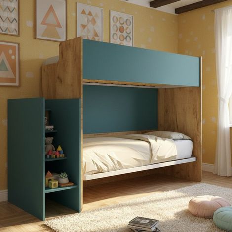 Letto a castello minimalista con terzo letto estraibile - Quercia e verde petrolio (1/5)