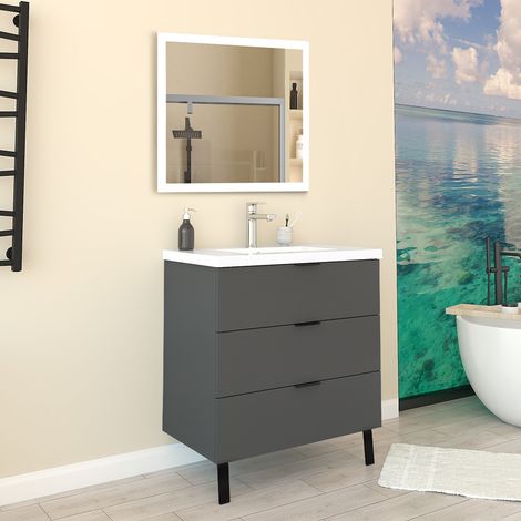 Mobile Bagno Appoggio 79 cm con 3 Cassetti, Lavabo da Incasso Nero (1/5)