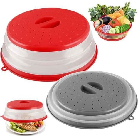 Lot de 2 Cloche micro onde - 28 cm - Couvercle Micro-Ondes Rétractable - Panier filtrant avec trous de vapeur pour fruits et (1/4)