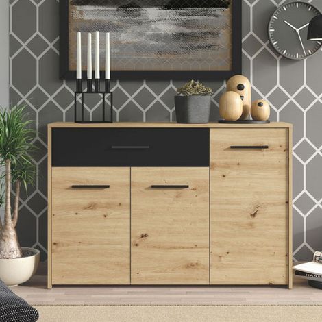 Sideboard Sanza, Highboard 2 Einlegeböden, 1 Schublade, 3 Türen, 119x33x80,5 cm, Eichenoptik Nussbraun (1/5)