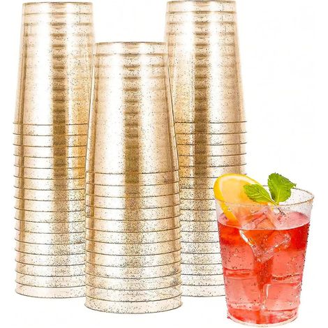 Lot de 50 Gobelets, Bord Argenté, Plastique Dur, 280 ml, Réutilisables, Pour Fête, Cocktail, Mariage