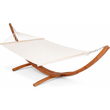 Amaca XXL Matrimoniale Con Supporto In Legno Per 2 Persone Ideale Per Giardino Patio Piscina Terrazzo Struttura Resistente Portata 200 Kg Design Elegante 415 x 120 x 124 Cm Beige (1/5)