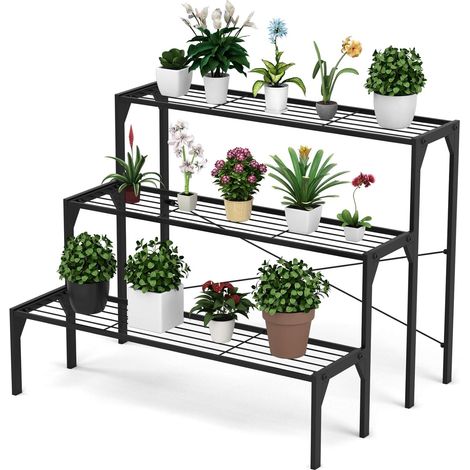 COSTWAY 3-stufiger Metall Blumentreppe Blumenregal, Pflanzenstaender Pflanzenregal Metallkonstruktion, Pflanzentreppe Pflanzentoepfe für Garten Balkon