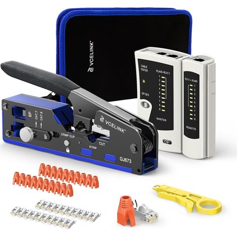 RJ45 Crimping Kit, 20 Cat7 Connectors, Tester and Stripper Compatible with RJ45 RJ11 RJ12, Complete Tool Comes with Cloth Bag for CAT7 CAT6 Home and Network Installation (1/5)