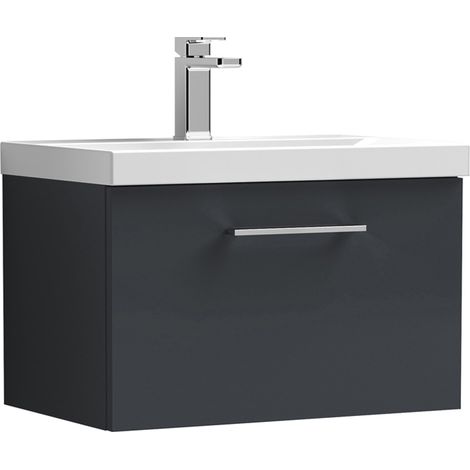 Nuie Arno Satin Soft Black 600mm Wall Hung Single Drawer Vanity Unit and Thin Edge Ceramic Basin - ARN1422D (1/6)