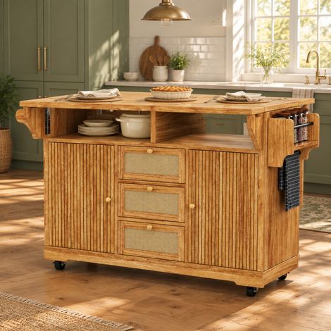 Meuble cuisine pliable 142,5 x 80 x 95 cm, roulettes, MDF et métal, marron foncé OKMYHOME (1/5)