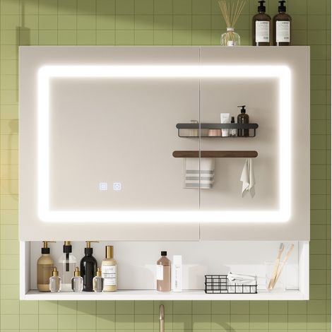 Armadietto specchio bagno 80x17x70 cm bianco in MDF e vetro con LED dimmerabile e funzione antiappannamento (1/5)
