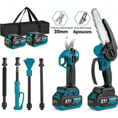 Motosierra de pértiga 6 pulgadas y Tijeras de poda eléctricas con pantalla LED 30 mm, alcance máximo de 2,36 m, con bolsa de transporte y dos baterías de 3,0 Ah