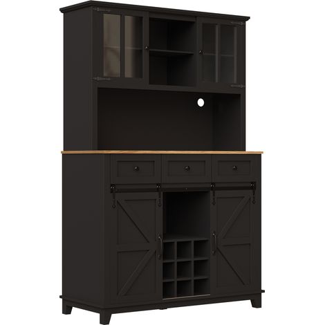 Buffet de cuisine haut noir 105x38,4x180 cm en MDF avec LED et portes vitrées (1/5)