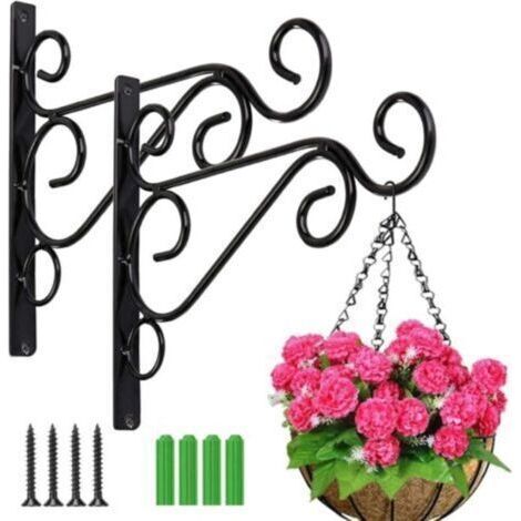 2 Pièces Crochets de Suspension Muraux, Support Plante Mural Balcon avec Vis Suspendu en Fer Forgé en Métal Accessoires Lanterne Mangeoires d'oiseaux Balcon de Jardin Décoration (Noir) (1/5)