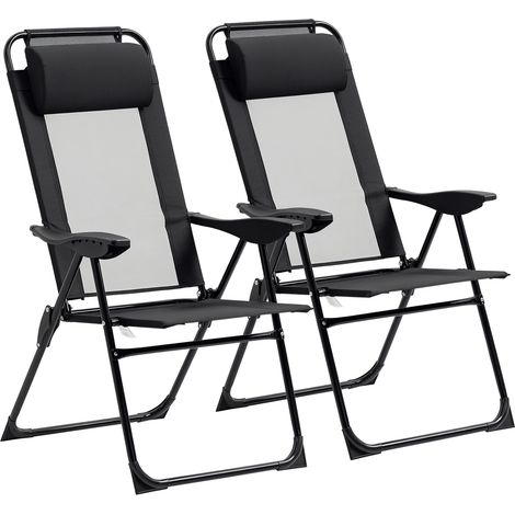 Outsunny 2er-Set Gartenstühle, 2 Klappstühle, Campingstuhl, Balkonstuhl, Armlehne, 5-fach verstellbare Rückenlehne, abnehmbares Kissen inklusive, schwarzer Oxford-Textilene-Stoff