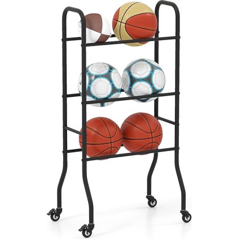 COSTWAY Porta Palloni da Basket a 3 Livelli con Ruote Bloccabili, Rastrelliera per Palloni con Struttura Metallica, Supporto per Palle per Calcio, Pallacanestro e Pallavolo, 52 x 37 x 110 cm (1/5)