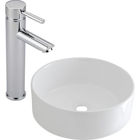 Milano Ballam 400mm White Ceramic Round Countertop Bathroom Basin Sink - With High Rise Tap (1/5)