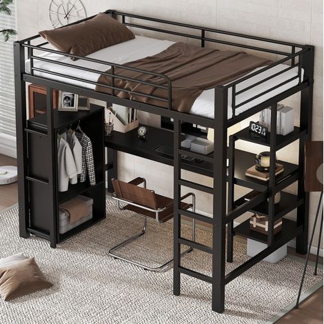 Letto a Soppalco 90x200 cm con Struttura in Metallo Nero (1/5)