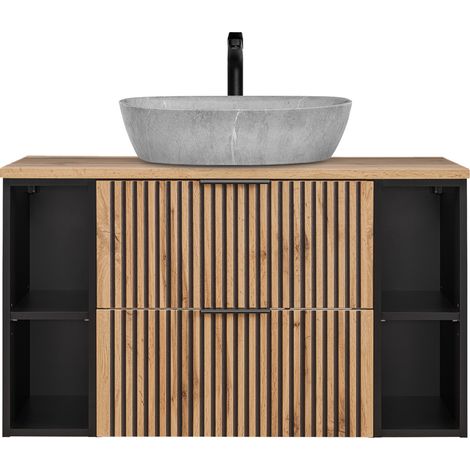 Waschtisch Kombination schwarz gerillt 100 cm Unterschrank mit Aufsatzwaschbecken Beton Optik XANTEN-56 in anthrazit mit Eiche Nb., B/H/T: ca. 100,6/72,7/46,5 cm (1/5)